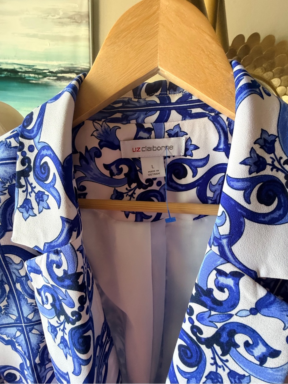 Liz Claiborne Blue and White Scroll-Print Blazer - Picture 5 of 12